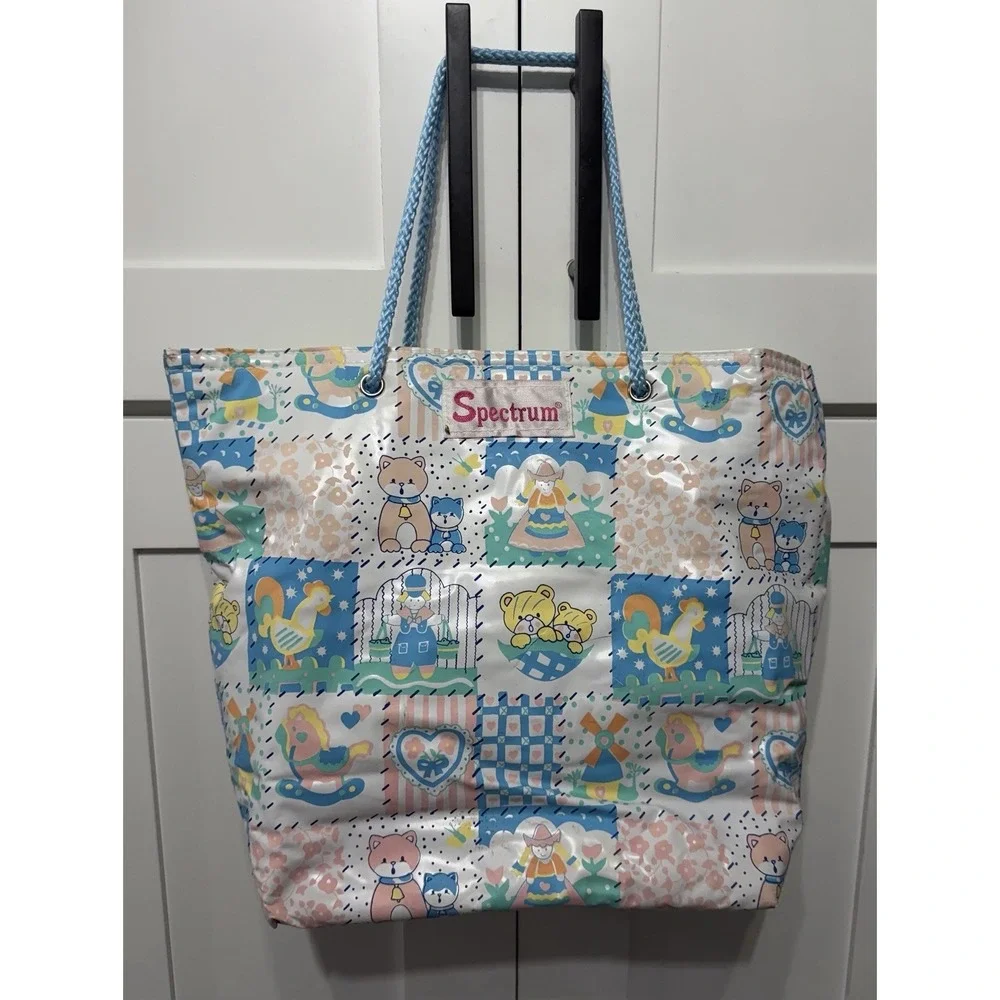 Vtg Vinyl Spectrum Diaper Bag Tote Teddy Bears Cat Rooster Pastel 90s